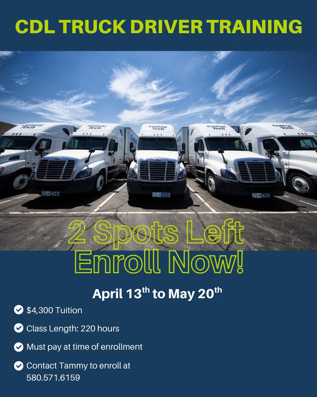 🚛 Only TWO Seats Remaining &ndash; April CDL Class!

Time is running out to secure your spot in our upcoming CDL Training Class beginning April 13. With just two seats left, now is the time to take the next step toward a high-demand, career-ready op