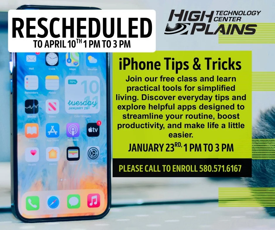 📱 I-Phone Tips &amp; Tricks &mdash; Rescheduled ❄️

Our iPhone Tips &amp; Tricks session, originally scheduled for Friday, January 23 from 1:00&ndash;3:00 PM, has been rescheduled due to incoming winter weather.

📅 New Date: Friday, April 10
⏰ Time