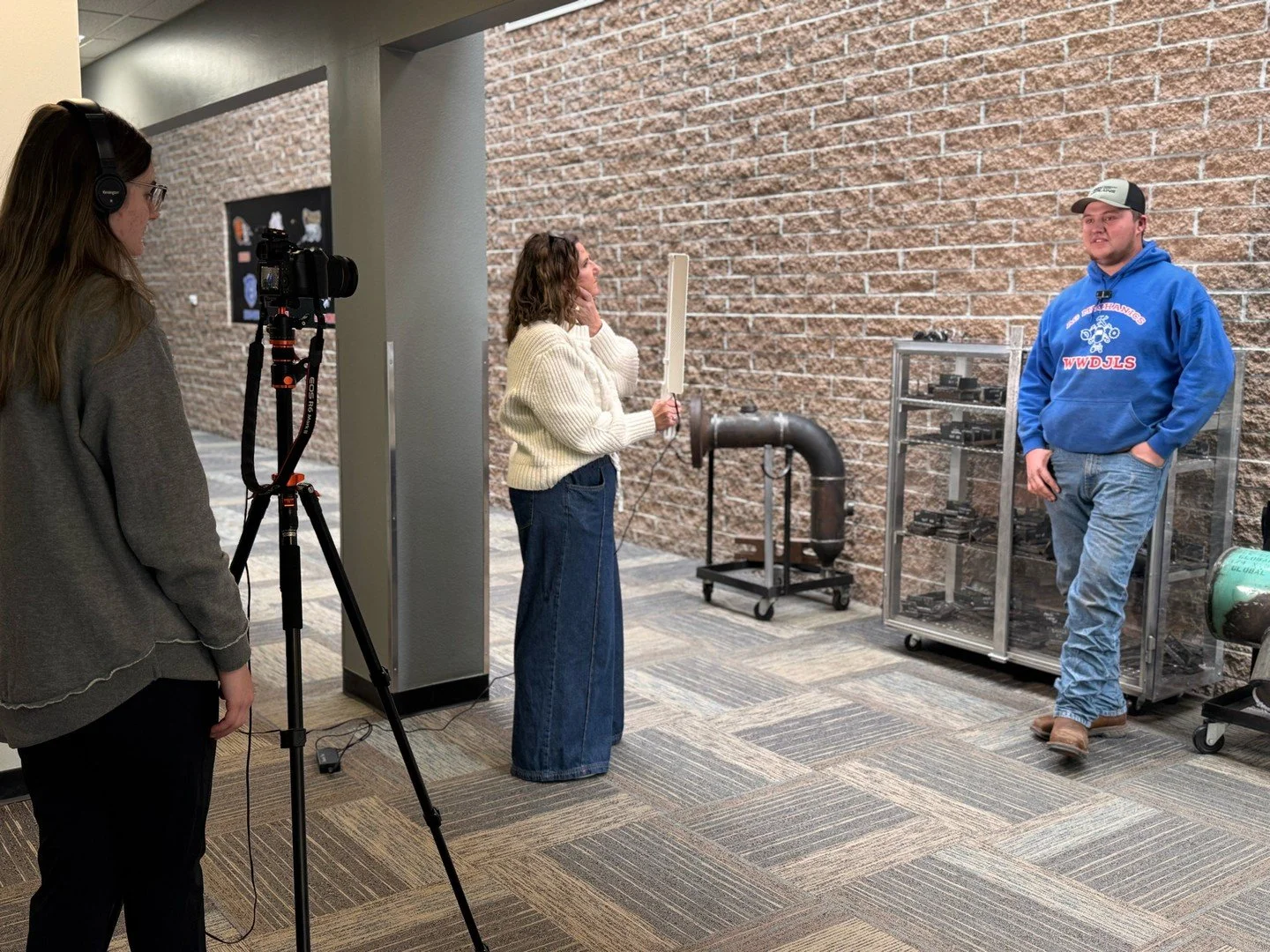 HPTC Multimedia student Libee Gartrell interviews Welding student Kasey Dunkin as part of a promotional video for the upcoming 🚜🔧 Ag Mechanics Contest on March 4 🔧🚜 at the Woodward County Event Center. The contest is open to all eligible FFA and 