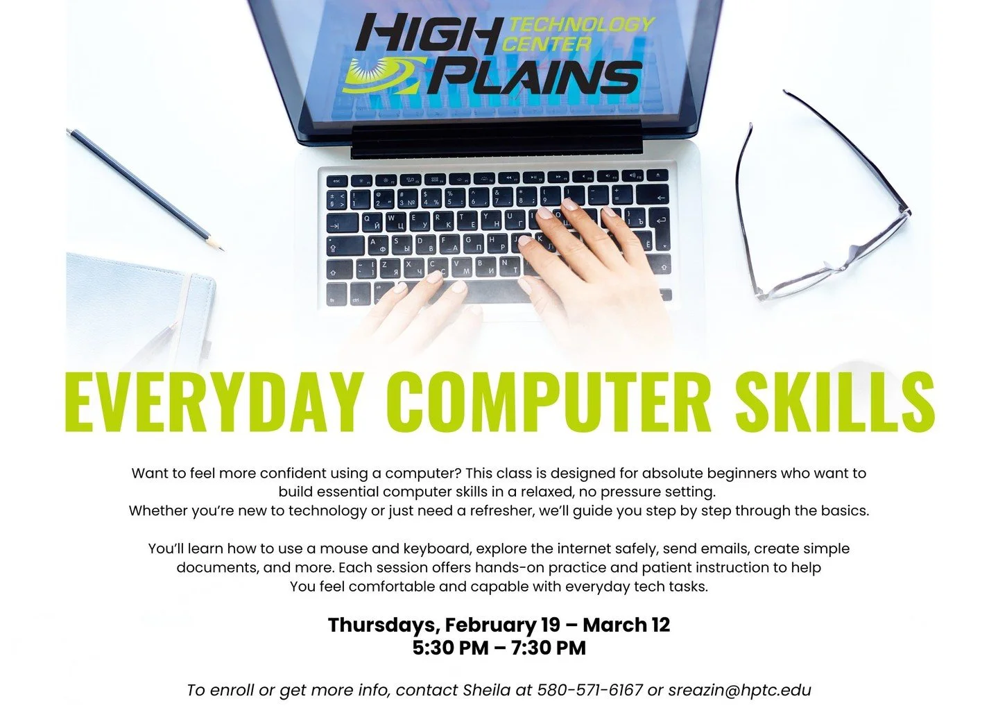 💻 Everyday Basic Computer Skills

Build confidence using your computer at work, at home, and everywhere in between. This practical class focuses on essential skills such as email, file management, internet basics, and the everyday digital tools you 