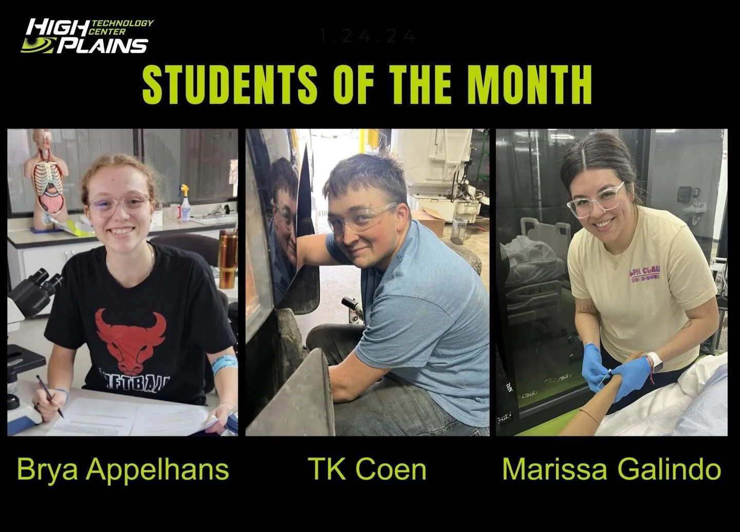 👏 Congratulations to our HPTC Students of the Month: Marissa Galindo, Brya Appelhans, and Takoda Coen! 👏

Marissa Galindo (Practical Nursing, Shattuck) is excelling in both theory and clinicals with outstanding grades and perfect attendance. Her in