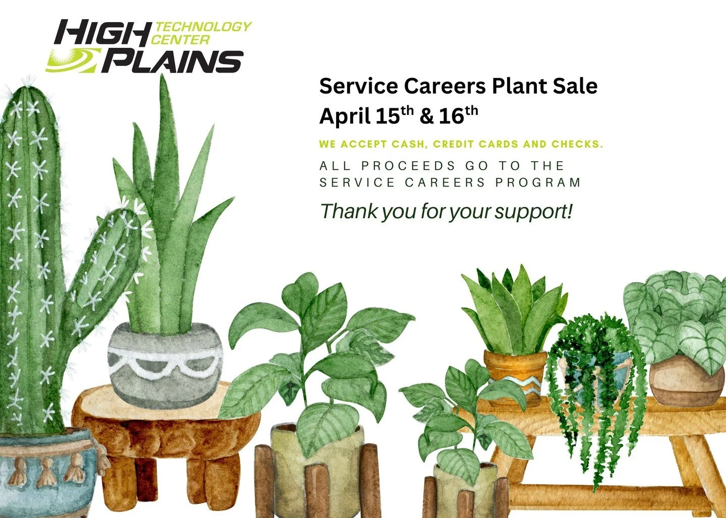 🌱 Save the Date! 🌱

Mark your calendar for the HPTC Service Careers Plant Sale on April 15&ndash;16! Our Service Careers students have been working hard all year and are looking forward to sharing the results of their dedication with the community.