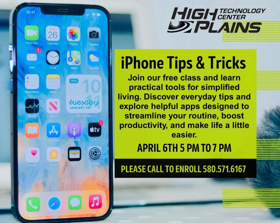 Make everyday life a little easier! ✨

Join us for Everyday Tips for Easier Living and discover helpful apps that can simplify your daily routine, keep you organized, and save you time.

📅 April 6
⏰ 5:00&ndash;7:00 PM

📞 Call Sheila to enroll: 580-