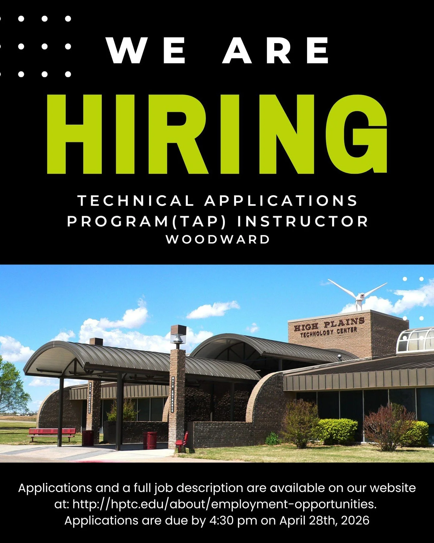 High Plains Technology Center is now accepting applications for a Technical Applications Program (TAP) Instructor at our Woodward campus.

📝 Apply online: https://www.hptc.edu/employment-opportunities

⏰ Application deadline: April 28 at 4:30 PM