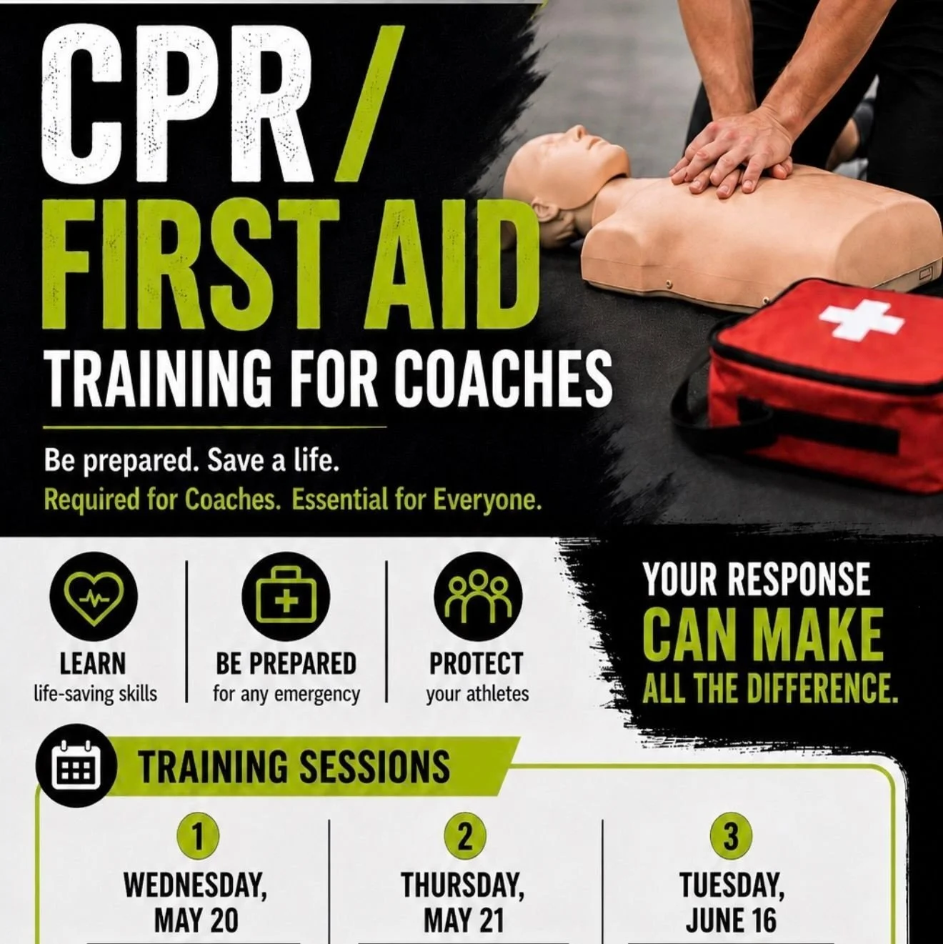 Coaches, we&rsquo;ve got you covered!

HPTC will be offering CPR/First Aid training for coaches only on the following dates:

&bull; Wednesday, May 20
&bull; Thursday, May 21
&bull; Tuesday, June 16

To enroll or for more information, contact Chasity