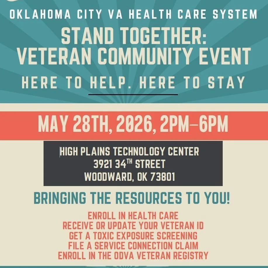 The annual Veterans Community Event is scheduled for May 28 from 2:00&ndash;6:00 p.m. at High Plains Technology Center, located at 3921 34th Street in Woodward.
This event is designed to connect local veterans with community resources, services, and 