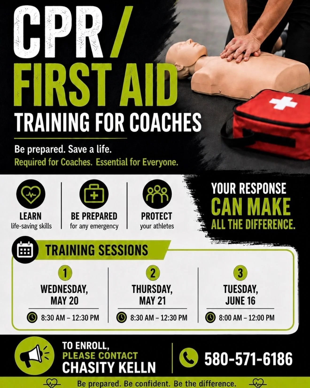 Coaches, we&rsquo;ve got you covered!
HPTC will be offering CPR/First Aid training for coaches only on the following dates:
&bull; Tuesday, June 16
To enroll or for more information, contact Chasity at 580-571-6186.