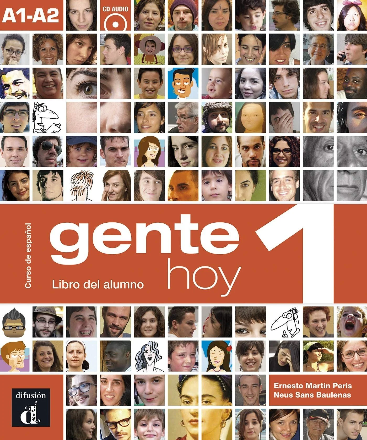 Cover of "Gente Hoy 1: Libro del alumno" featuring a grid of various faces and illustrations, with text indicating it's a Spanish course book for levels A1-A2. Authored by Ernesto Martín Peris and Neus Sans Baulenas, published by difusión.