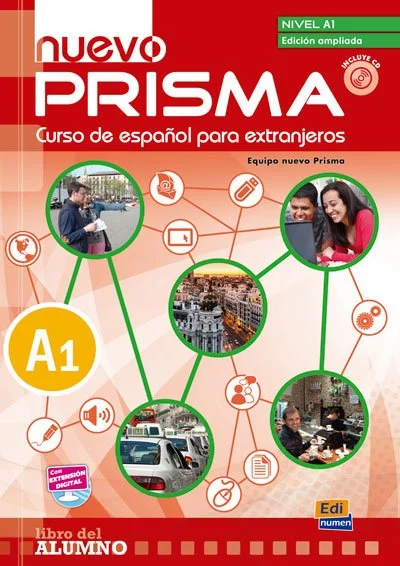 Cover of "Nuevo Prisma A1 Curso de Español para Extranjeros" textbook, featuring images related to Spanish language learning and cultural icons. Includes digital contents, designed for beginners.