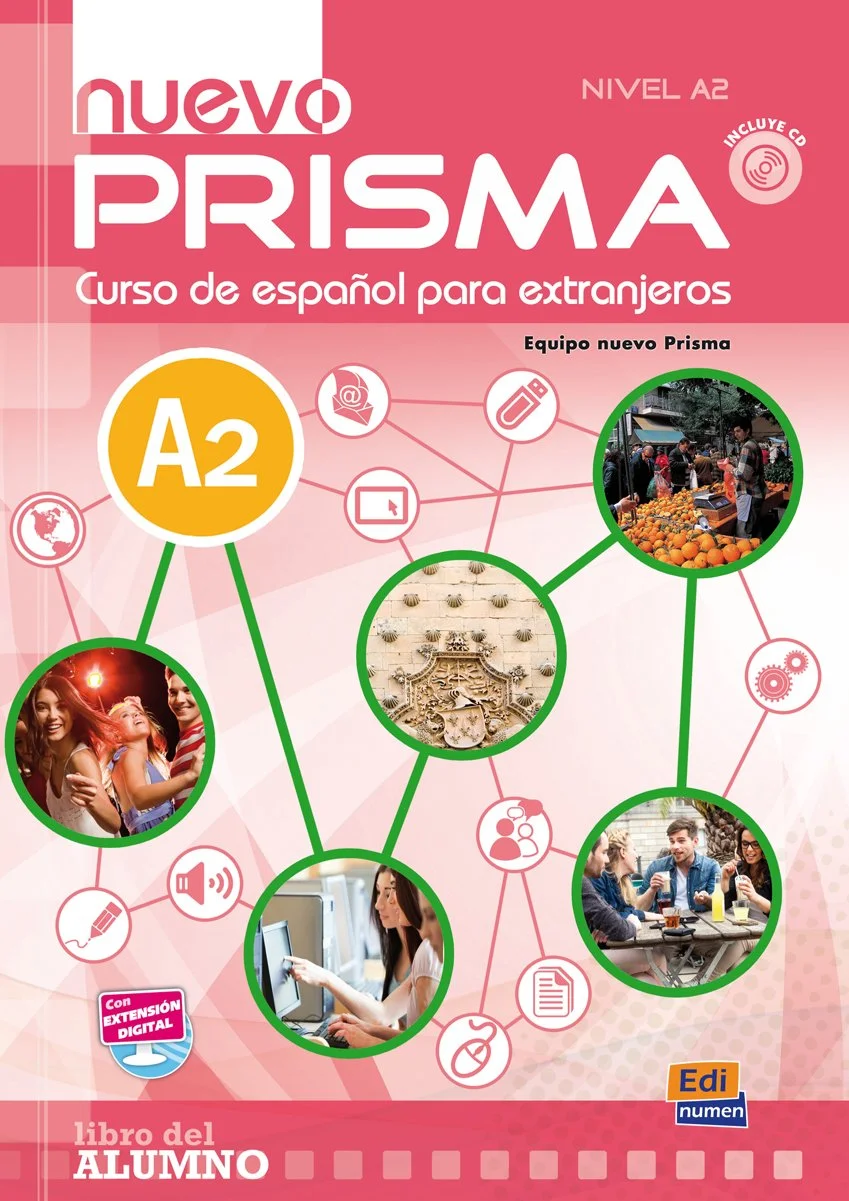 Cover of the "Nuevo Prisma" Spanish language textbook at A2 level, featuring images of cultural activities, markets, and students, with digital extension highlighted.