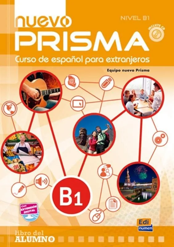 Cover of "Nuevo Prisma B1" Spanish course book for foreigners, featuring various images and icons, including people learning and sightseeing, a guitar, and a market scene. Includes a CD icon indicating an included disc.