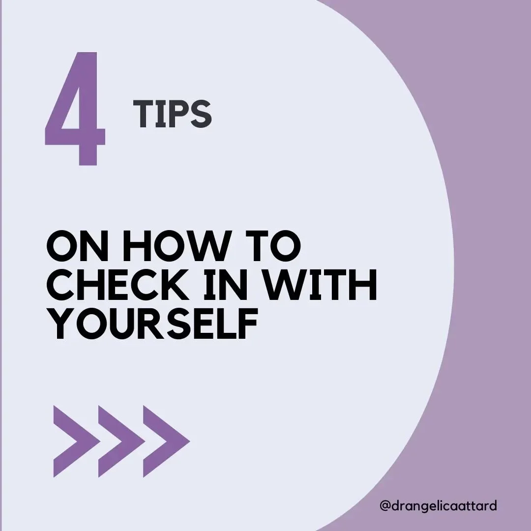 4 steps on how to check in with yourself:
 
1. Pause and shift your attention inwards, away from distractions around you.

2.Notice:
What emotions am I feeling right now?
What sensations do I feel in my body?
What thoughts are taking up my attention?