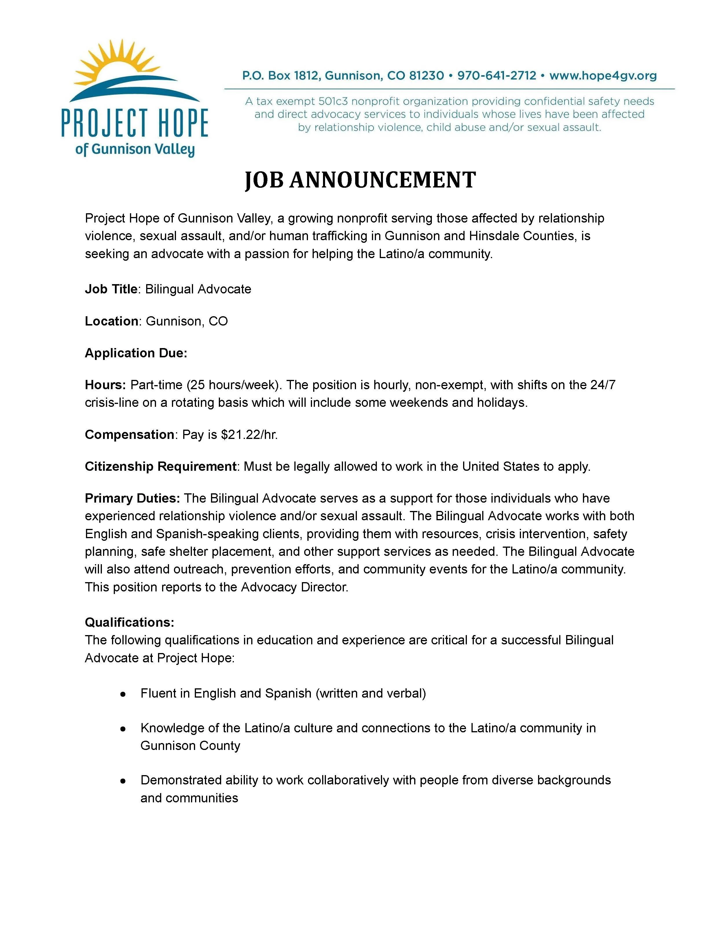 Employment Opportunities — Project Hope of the Gunnison Valley