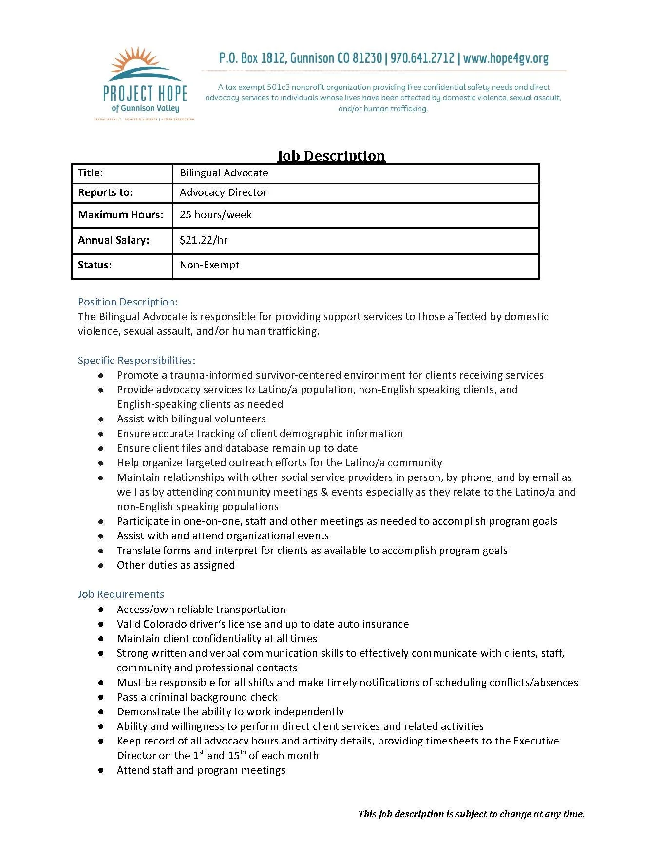 Employment Opportunities — Project Hope of the Gunnison Valley