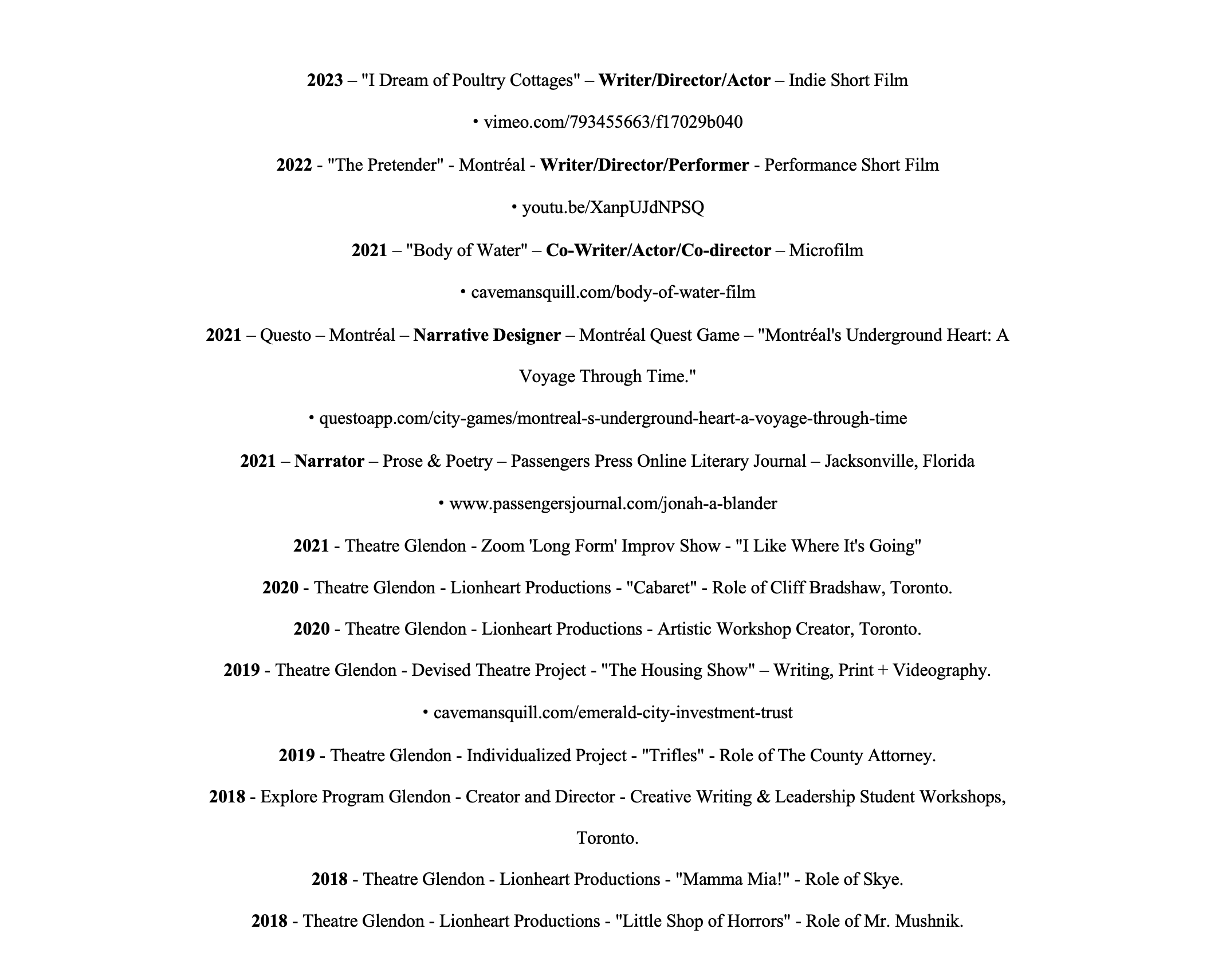 A resume listing various projects and roles from 2018 to 2023, including work as a writer, director, actor, narrative designer, narrator, and theatre performer, with links to websites and details of performances.