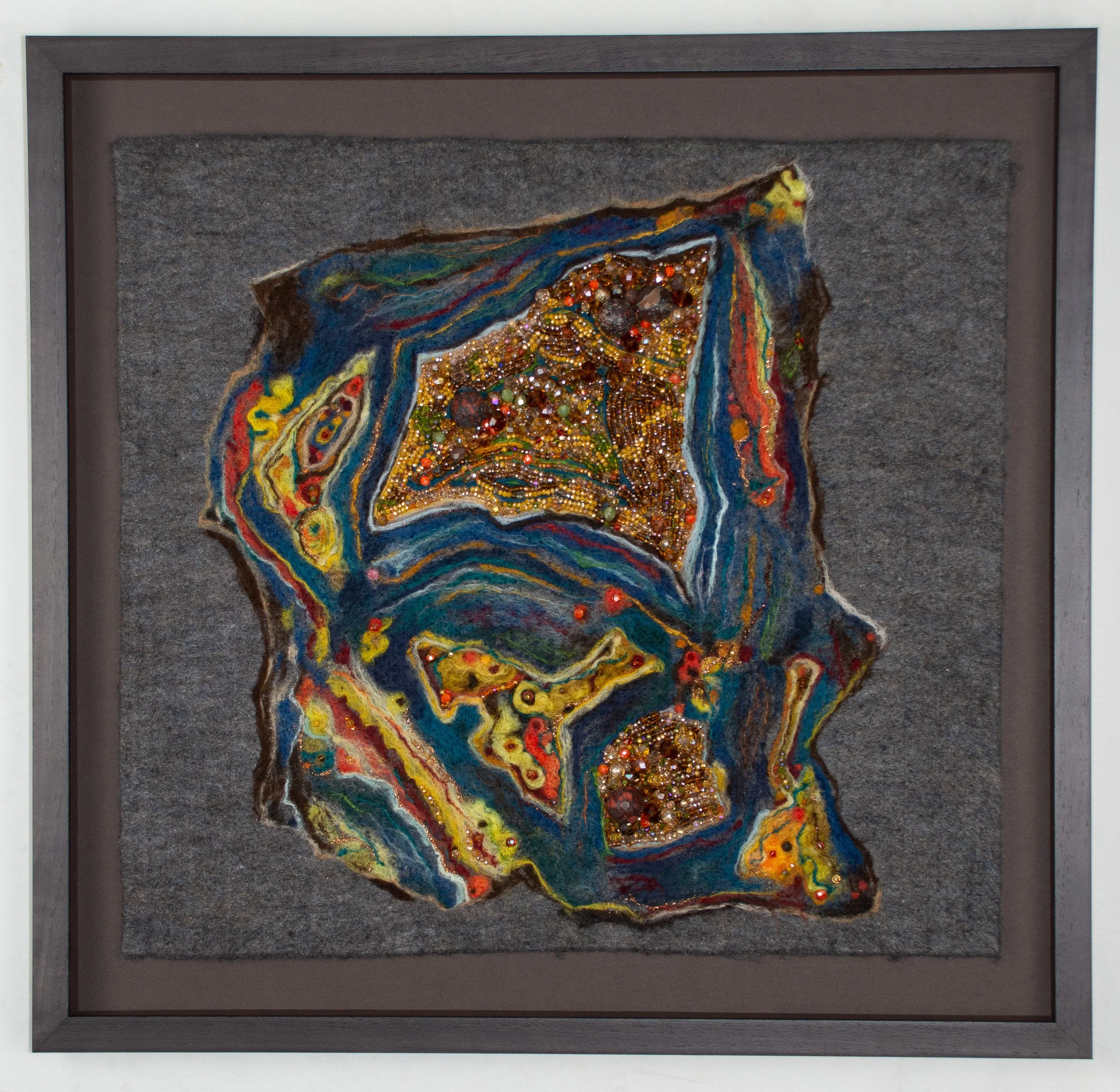 Crazy Lace , 21" x 22", Merino, Corriedale wool, yak and alpaca fiber, Tussah silk and Angelina fiber, crystal, Swarovski and stone beads - $780