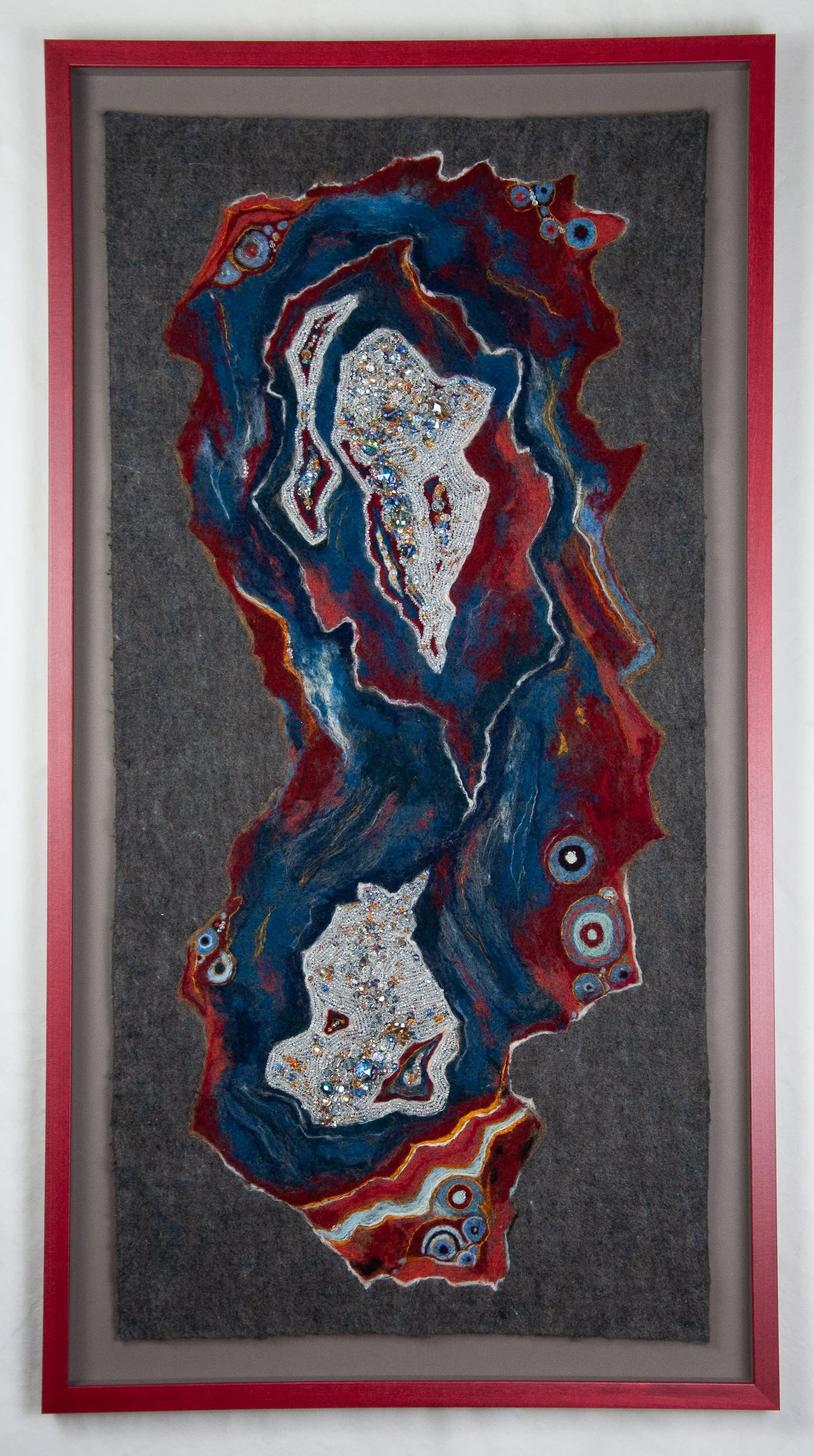 Beaded wool painting, Sunset Drusy, 
Merino, Corriedale wool, Tussah and bamboo silk, yak and Alpaca fibers fine cut and Swarovski crystal beads, 41 x 22 x 2 inches - $1200