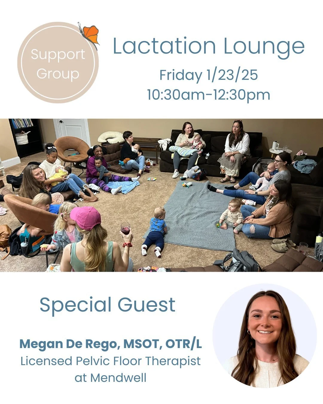 Lactation Lounge is meeting on 1/23/25 with special guest Megan De Rego, Licensed Pelvic Floor Therapist at @mendwellhealth 

Megan De Rego is a licensed occupational therapist who brings a unique blend of clinical expertise and genuine passion to pe