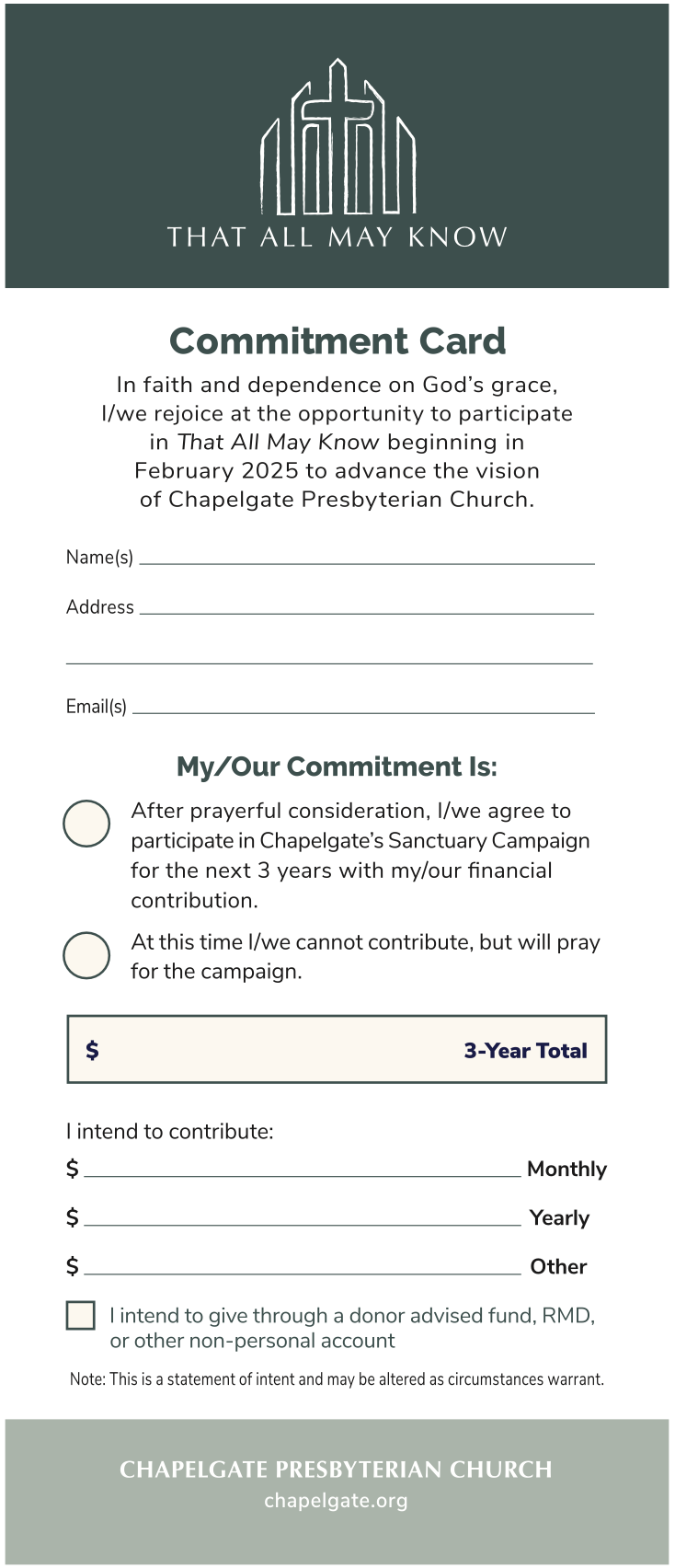 A church commitment card for Chapeltgate Presbyterian Church featuring a logo with a cross and church steeple silhouette, and sections to fill in personal information and pledge contributions for a three-year sanctuary campaign.