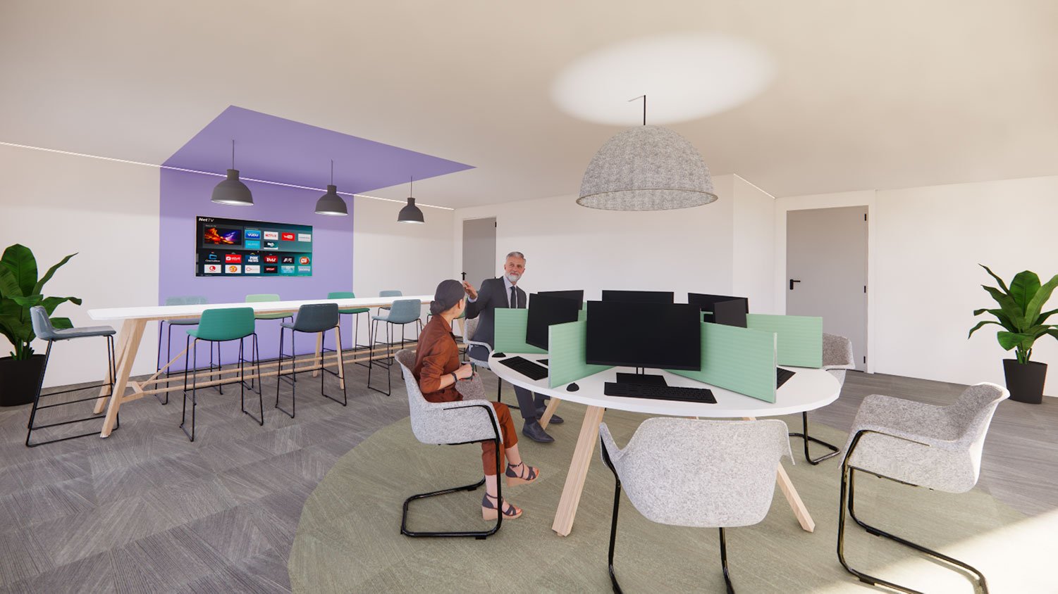 office interior design visual with presentation screen circular work desk