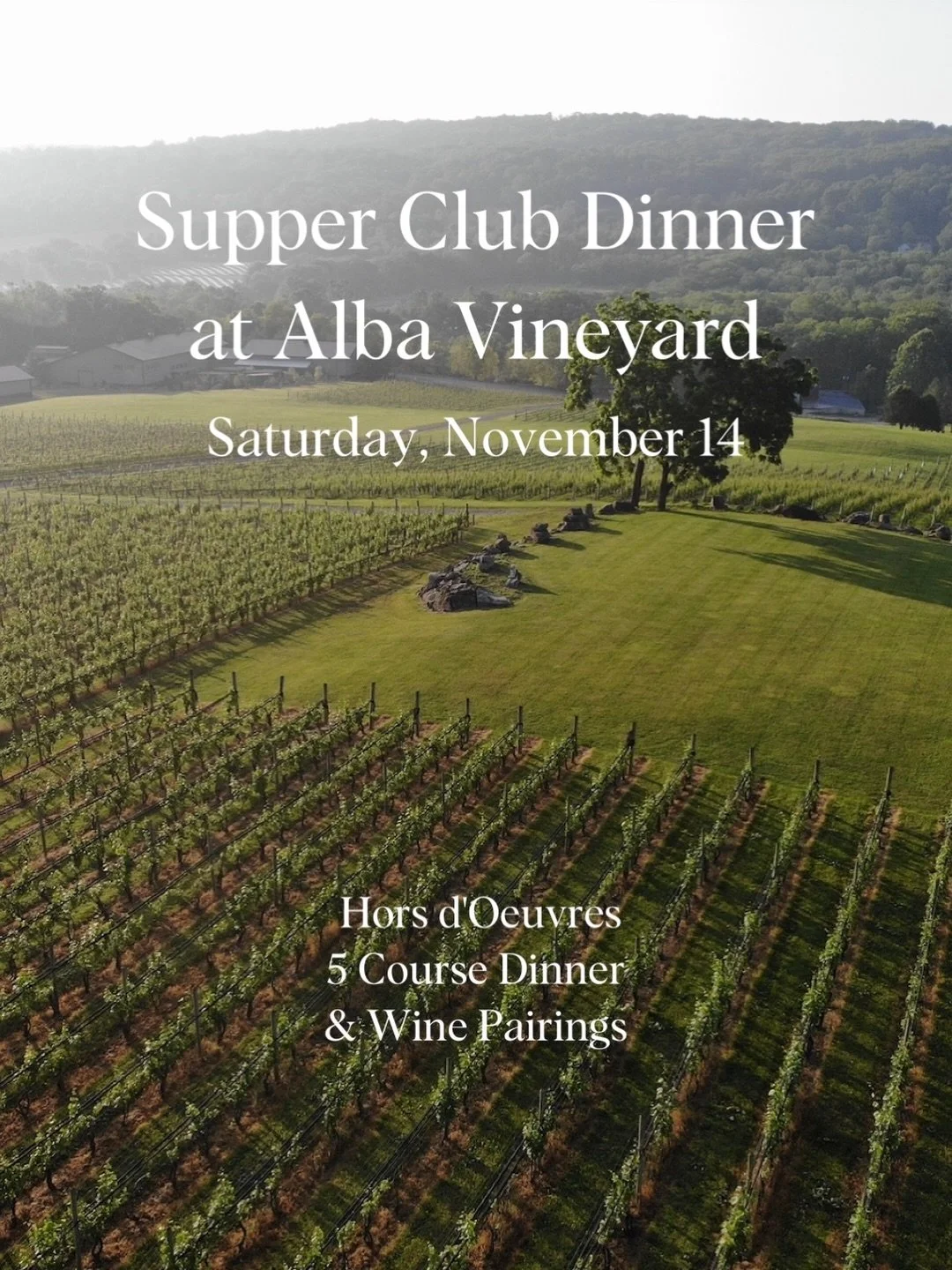 Our Supper Club is heading to @albavineyard on Saturday, November 14, and we&rsquo;re sharing Chef Pablo&rsquo;s full menu with you today! The night opens with sparkling wine and hors d&rsquo;oeuvres, then five courses at one long table, each with a 
