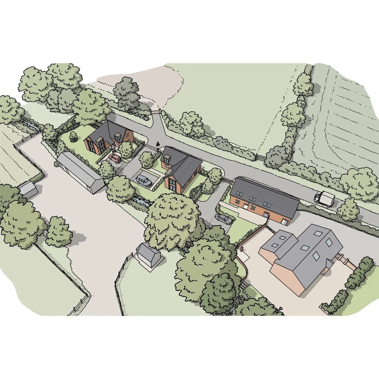This illustrated aerial view was completed for a small residential development of 3 new houses in a rural location in Cheshire. 

#illustration #architecture #architecturalillustration #architectureillustration #illustration #architecturaldrawing #ar