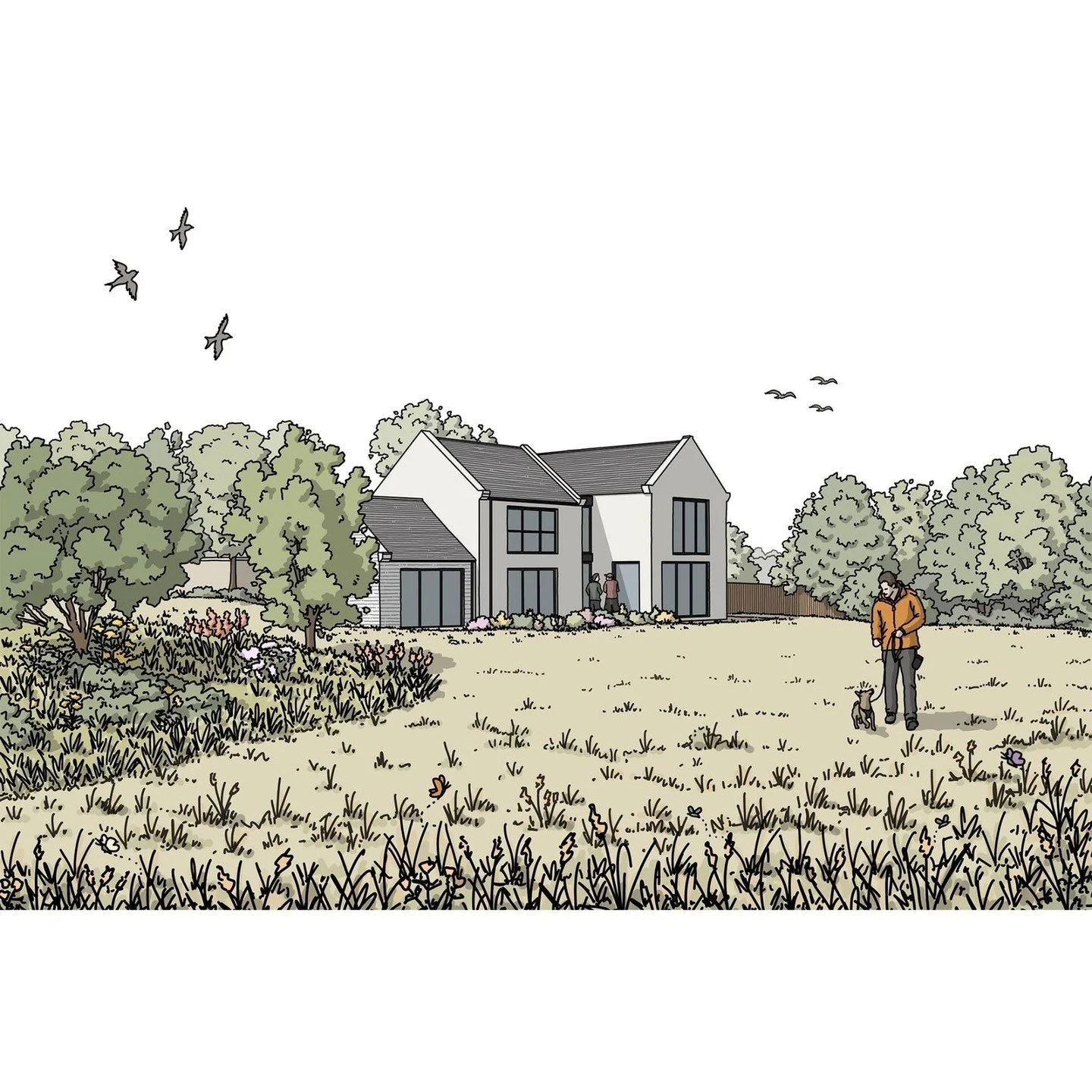External perspective views or 'eye-level / street-level' views are one of the best ways of encapsulating the intention of a scheme in a single image. This illustration of a new house in South Yorkshire captures the relationship between the proposed d