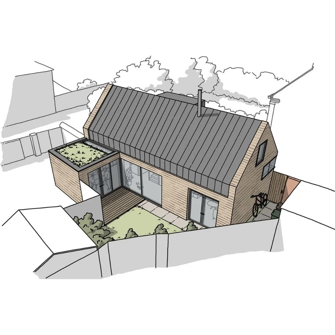 Here is the second illustration created for the small redevelopment project designed by @studiobad2022. This aerial view focuses on the newly designed portion of the proposal, which centres around an external garden space and decking area. 

________