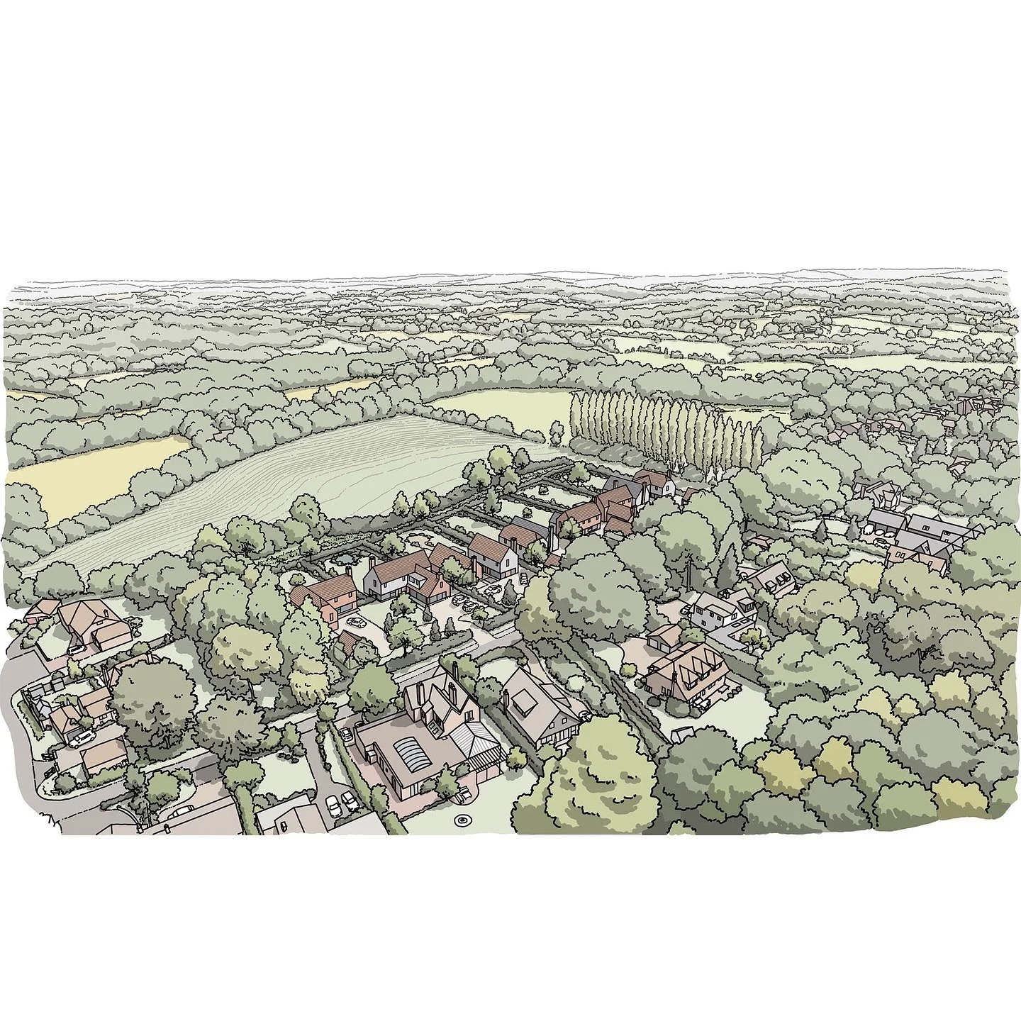 Starting the week with this illustrated aerial view, created for a wonderful residential development in the High Weald AONB by @georgejamesarch 

Aerial views like this one are perfect for integrating a scheme into its surrounding context and can rea