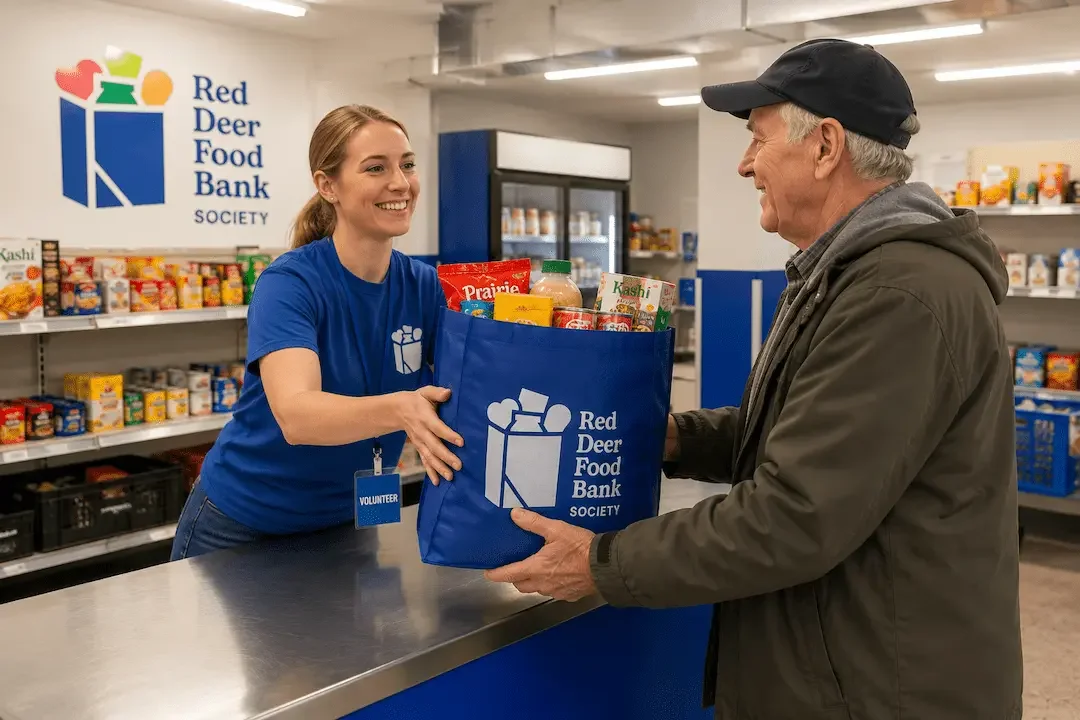 A woman volunteering at Red Deer Food Bank, handing a grocery bag to an elderly man, with shelves of food in the background.