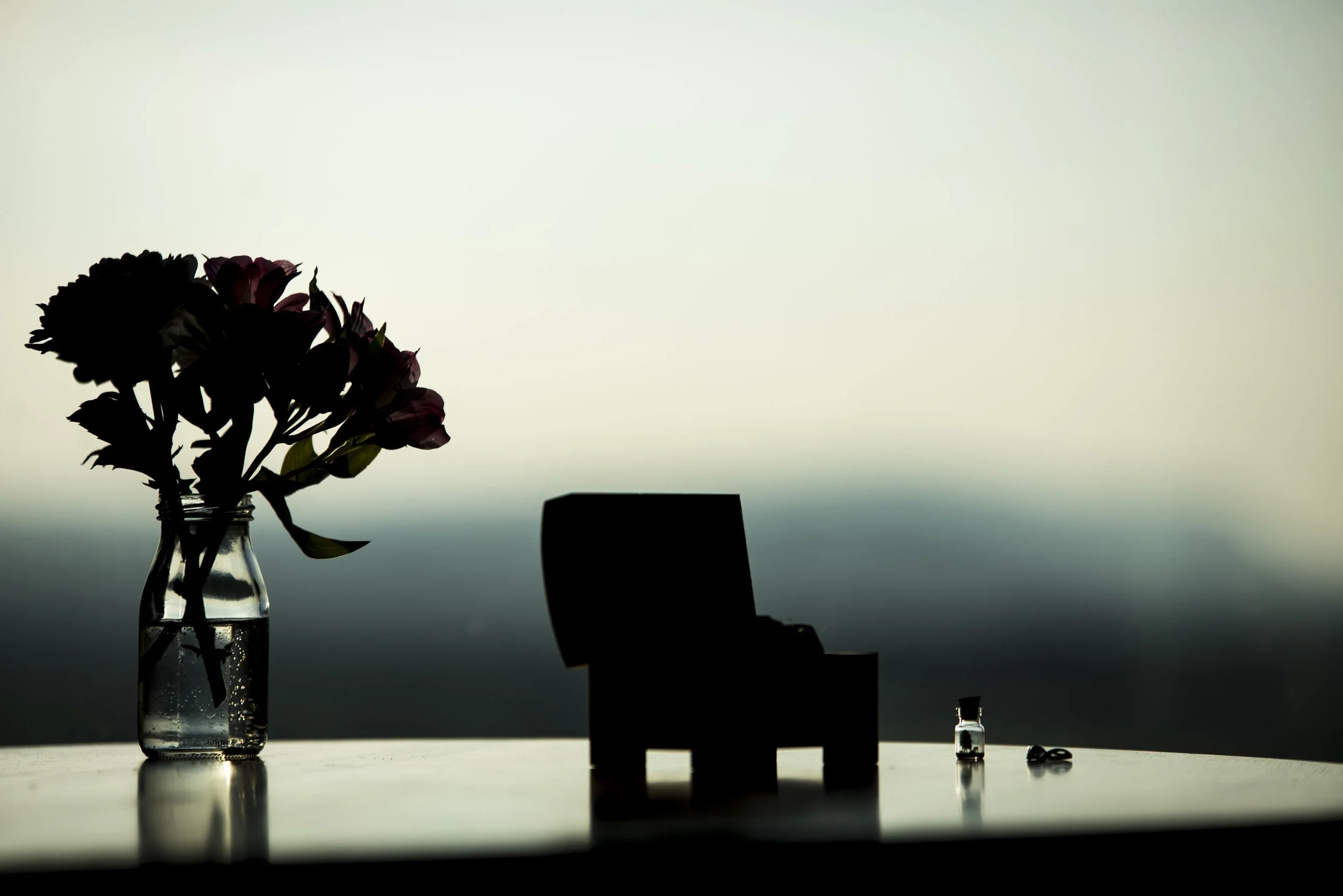 Silhouette of a flower bouquet in a glass jar, a table, a chair, and smaller jars on a table against a large light window with a soft glow.