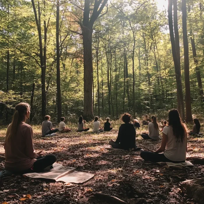 Grupo de personas practicando meditación en un bosque bajo la luz del sol