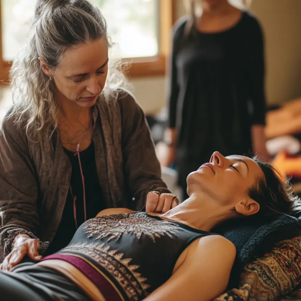 Una mujer está recibiendo una atención de parto en un entorno hogareño, con una mujer con cabello rizado y canoso apoyando su abdomen mientras ella yace en una cama, con una expresión de calma y satisfacción.