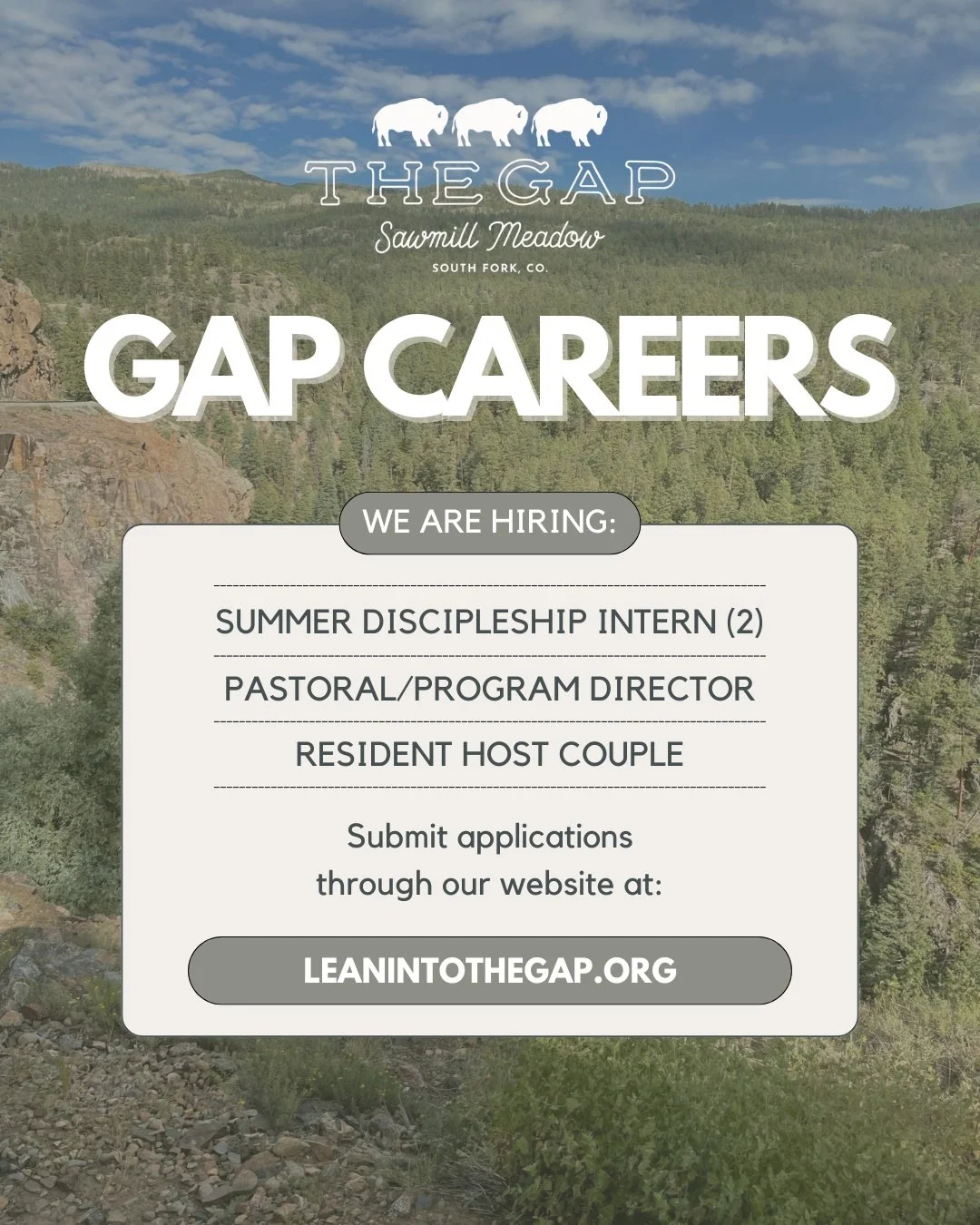 ✨We're Hiring!✨

#LeanIn #TheGap #TheGapatSawmillMeadow #GapYear #SouthForkColorado