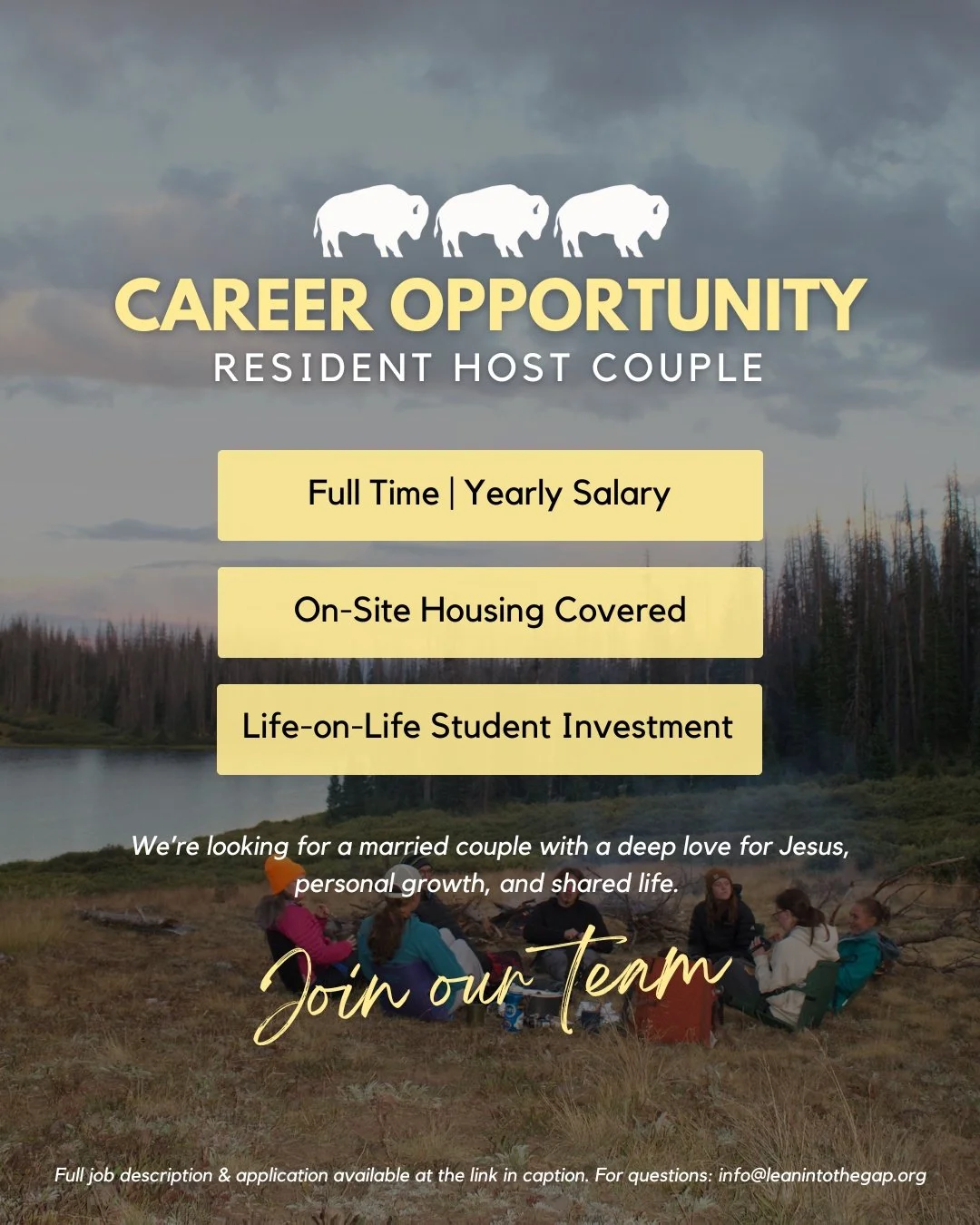 We&rsquo;re hiring a Resident Host Couple ⛰️✨
This role is about more than logistics&mdash;it&rsquo;s about hospitality, discipleship, and shared life with students in a transformative year.

Learn more &amp; apply at the link in our bio 😉