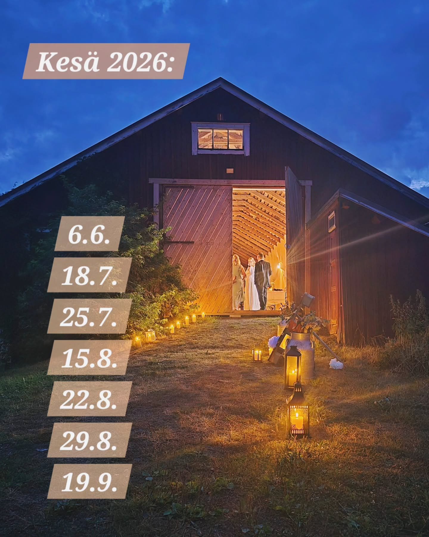 Kes&auml;n 2026 vapaat lauantait listattuna. 🎶

Totta kai soitamme mieluusti muinakin viikonp&auml;ivin&auml;, mutta lauantaikeikkoja kysell&auml;&auml;n n&auml;in kes&auml;sesonkina eniten. 🎉

Syyskuun juhlijoiden kannattaa my&ouml;s tehd&auml; va