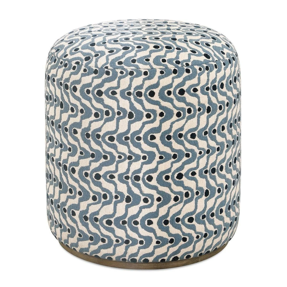 Plush ottoman with steel blue organic swirl pattern on a natural ceruse wood base