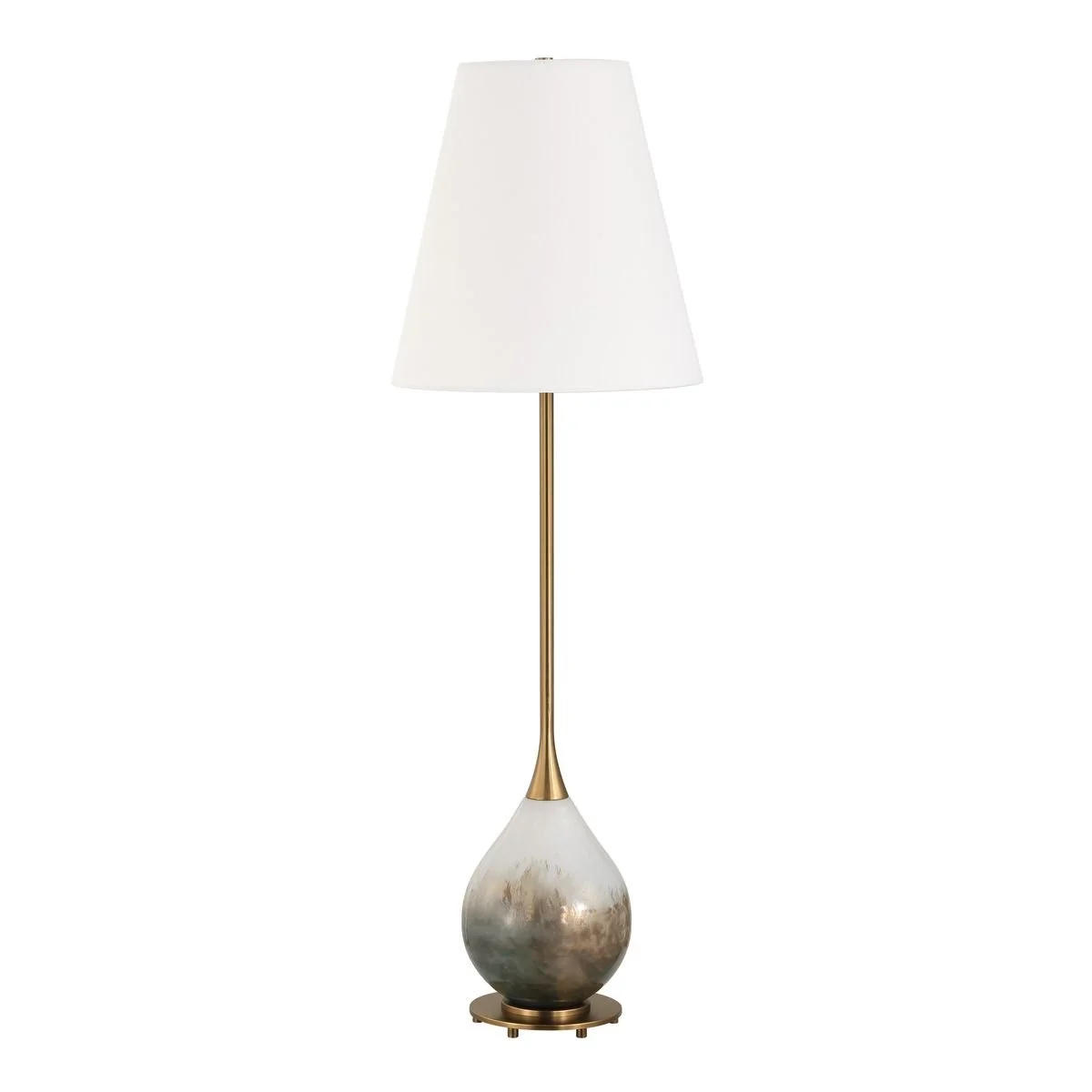 Cardoni buffet lamp showing gloss white glass body with smoked bronze and brass accents