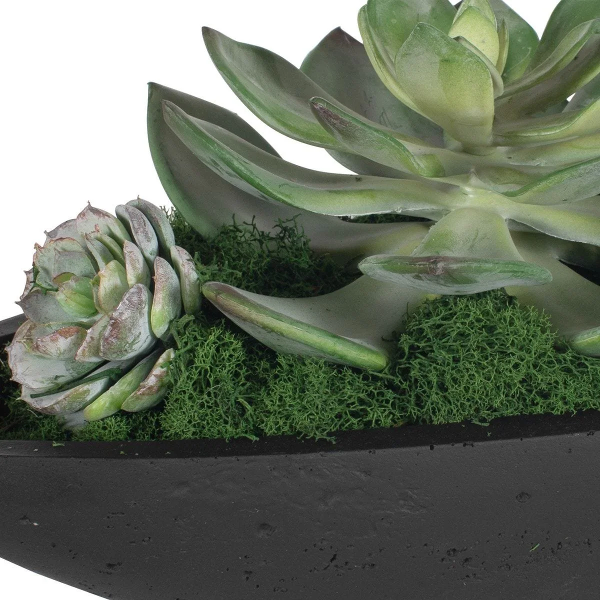 Detailed view of lifelike faux succulents and reindeer moss showing realistic texture and color in a black stone boat planter