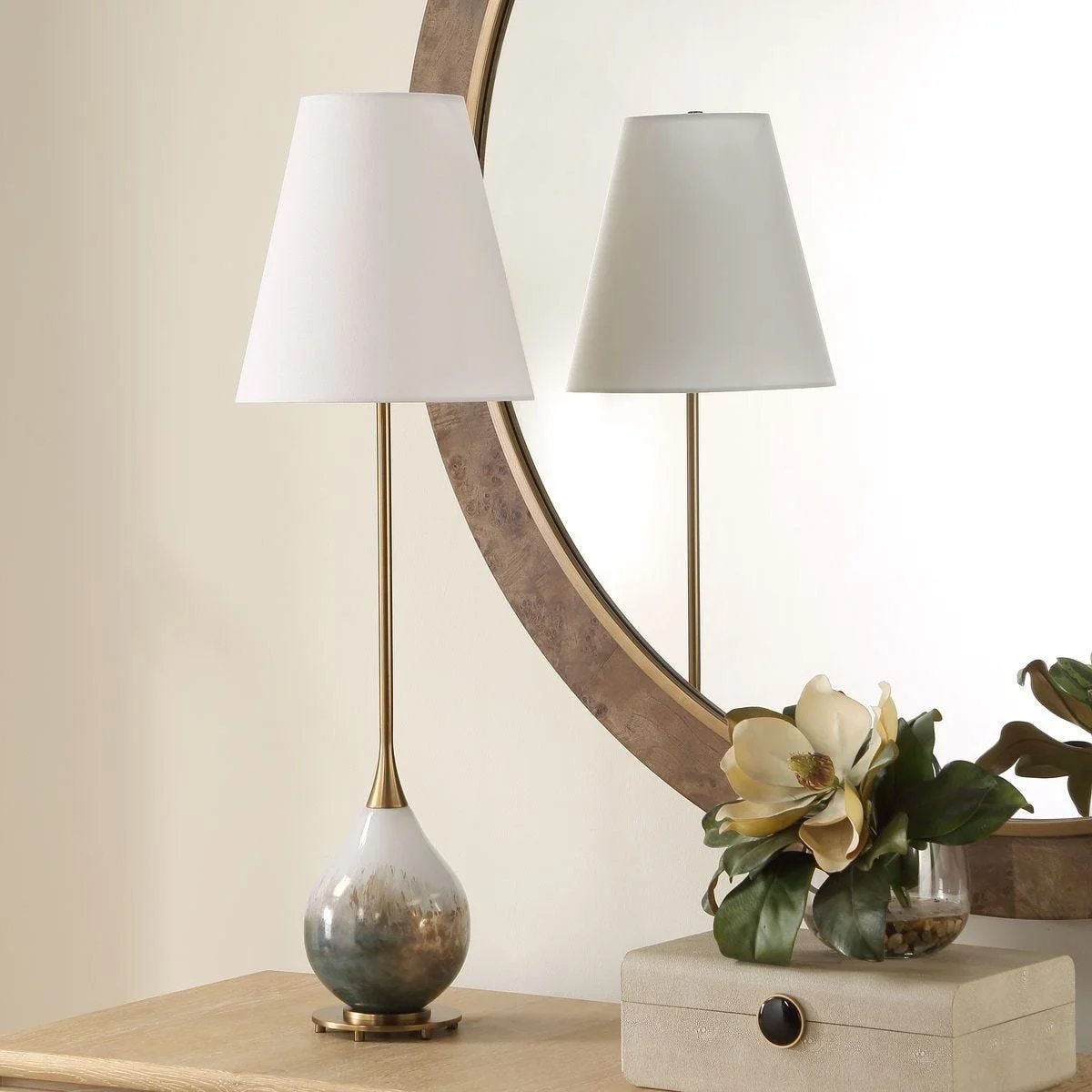 Tapered white linen hardback shade on Cardoni buffet lamp with antique brass details