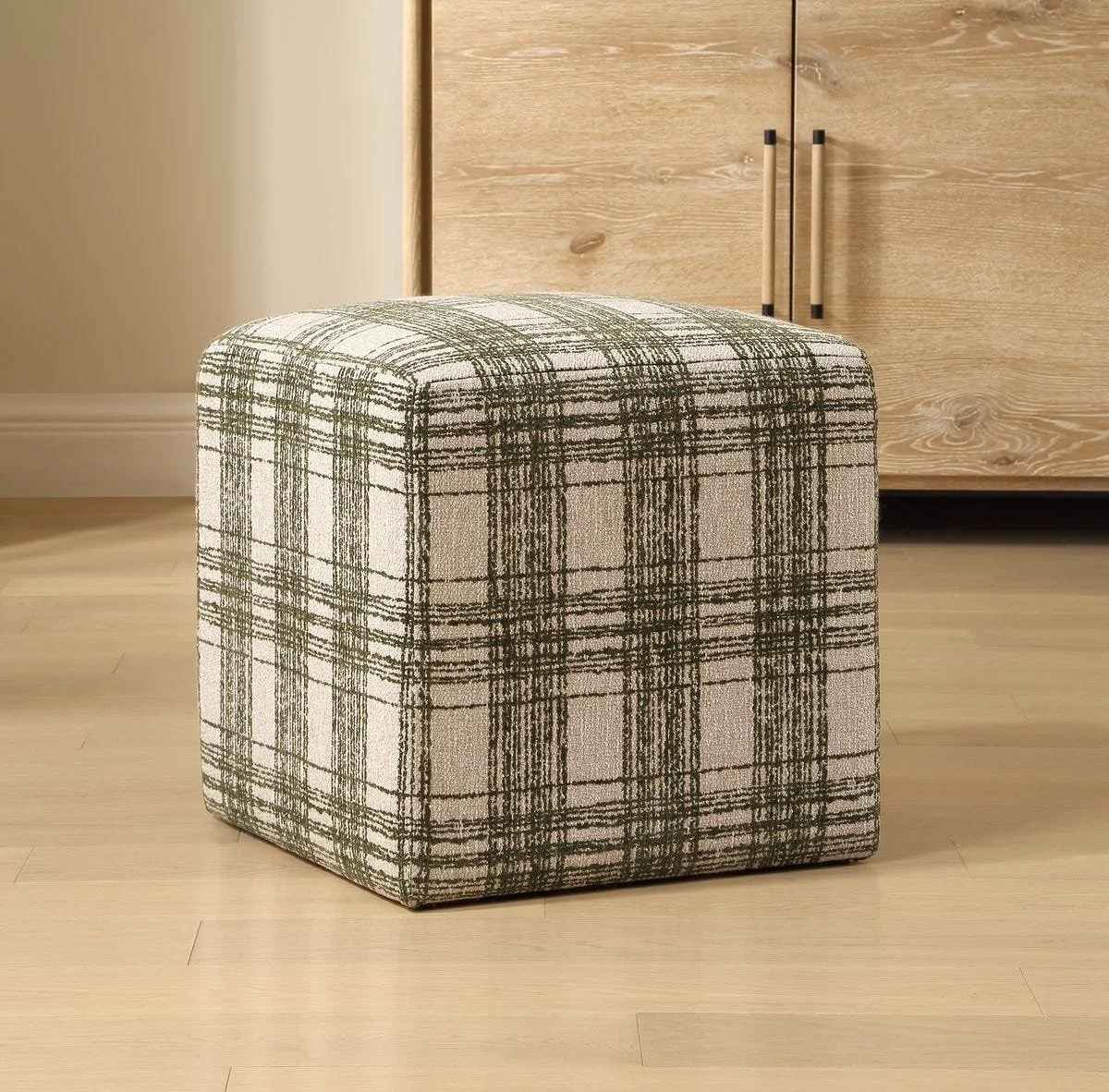 Joie ottoman in Ireland green plaid chenille for accent seating