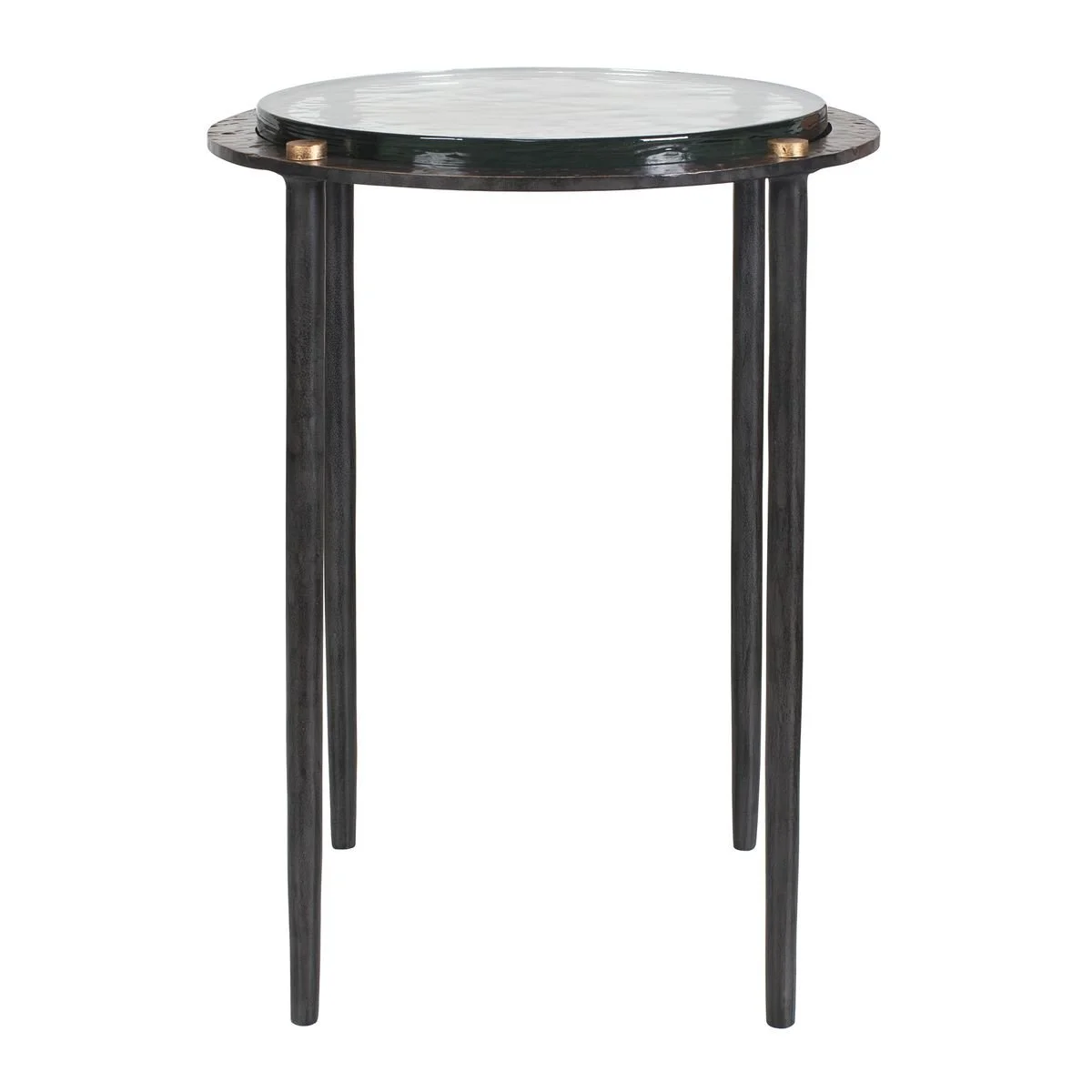 Side view of accent table highlighting dark bronze iron base and unique cast glass top