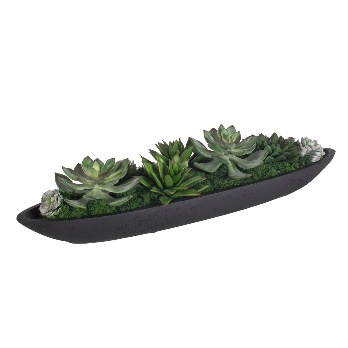 Artificial succulents with latex and resin leaves set in moss and foam for sculptural tabletop decor