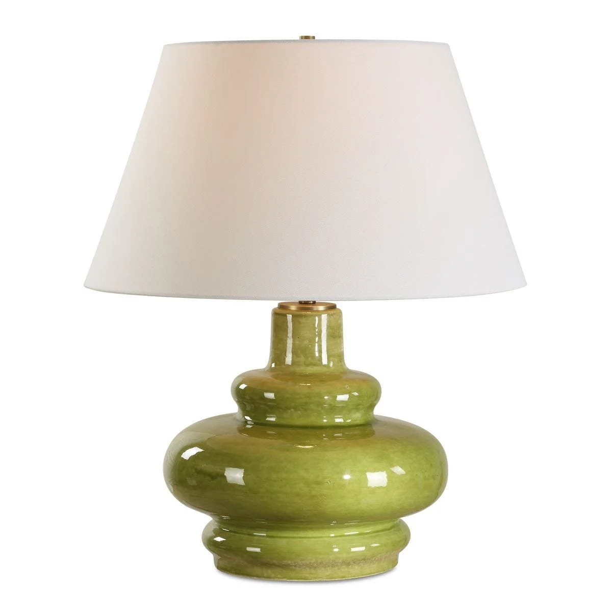 Penny table lamp in moss green porcelain with brass-plated accents and white linen shade