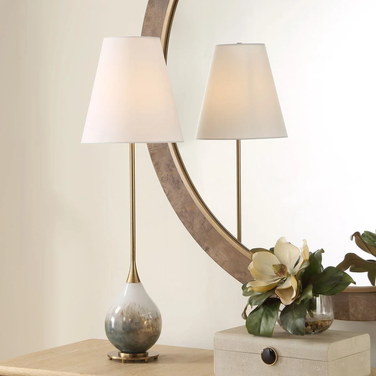Cardoni buffet lamp with gloss white glass and metallic smoked bronze accents