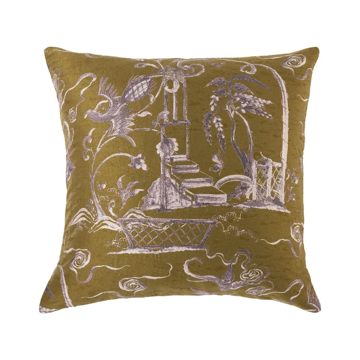 Decorative throw pillow with vintage-inspired romantic jacquard in olive and lilac