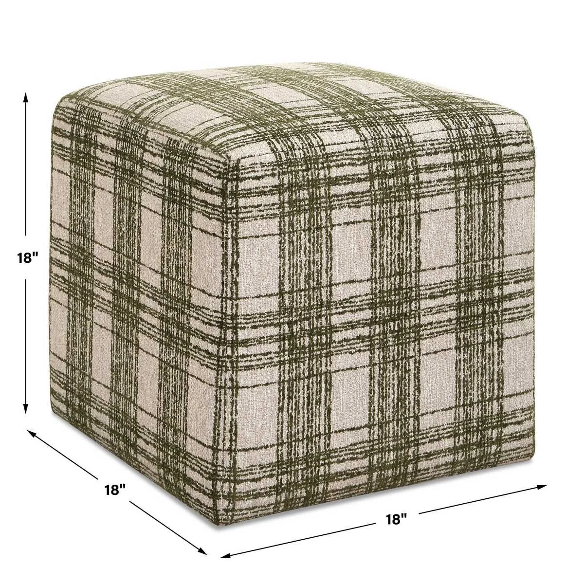 Close-up of Ireland green plaid chenille upholstery on Joie ottoman