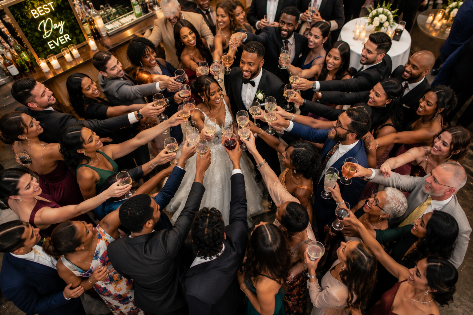A bride and groom at their wedding celebration, surrounded by guests in formal attire, raising glasses in a toast.