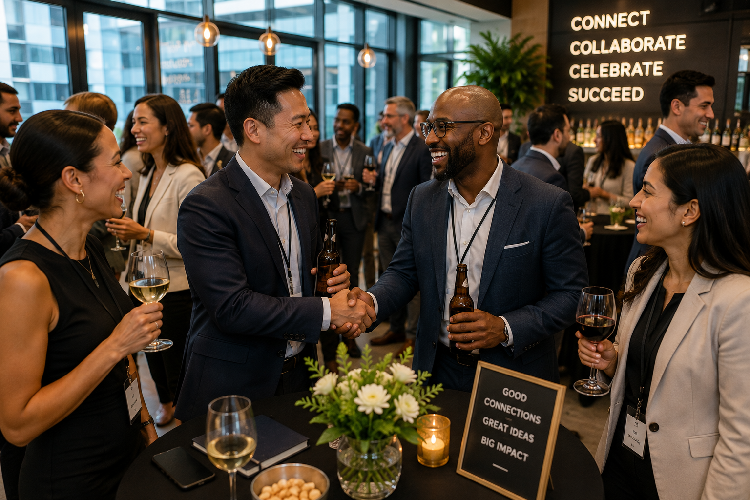 Business professionals at a networking event exchanging handshakes and drinks, with a large sign in the background displaying words: 'Connect, Collaborate, Celebrate, Succeed'.