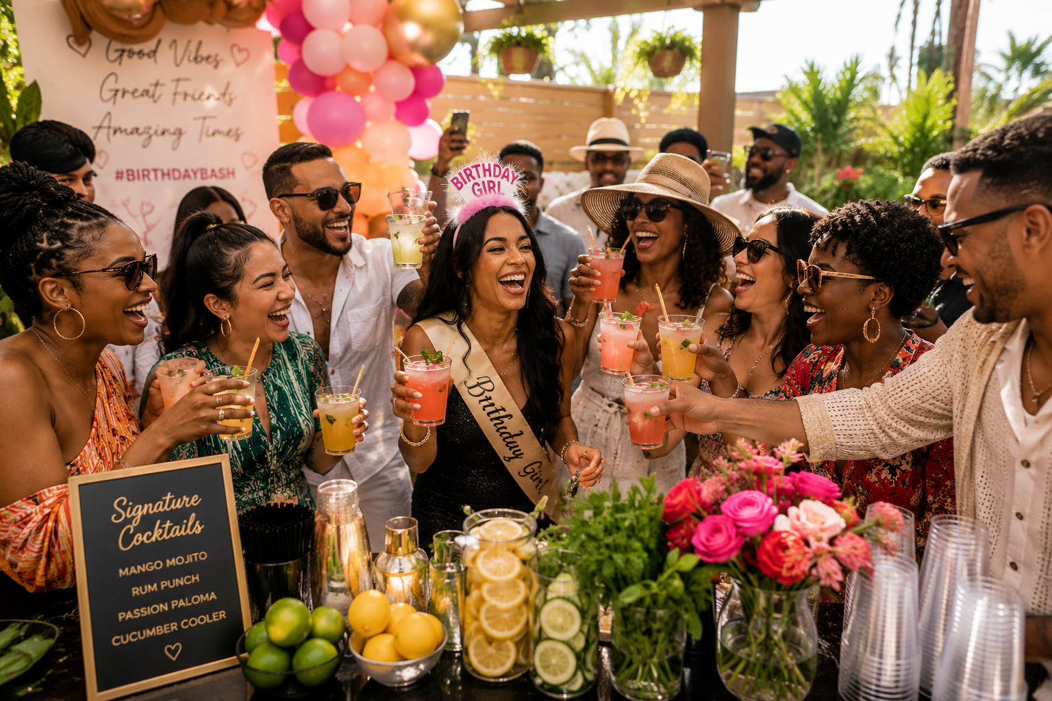 People celebrating a birthday girl at a party, toasting with colorful cocktails, wearing sunglasses and summer attire, with balloons, flowers, and a sign with cocktail names in the background.